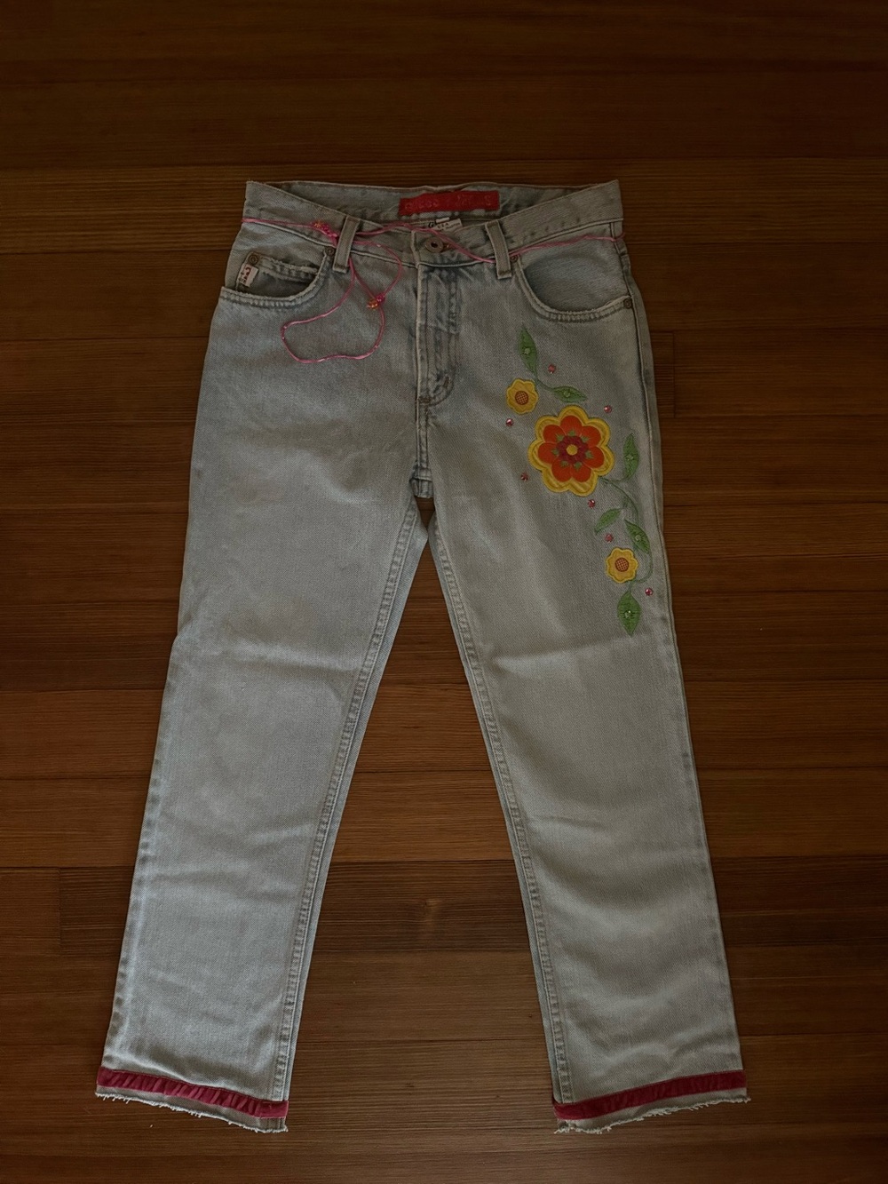 Vintage 90s Guess USA Jeans 30 Floral Embroidered Y2K Light Wash Made USA Rare
